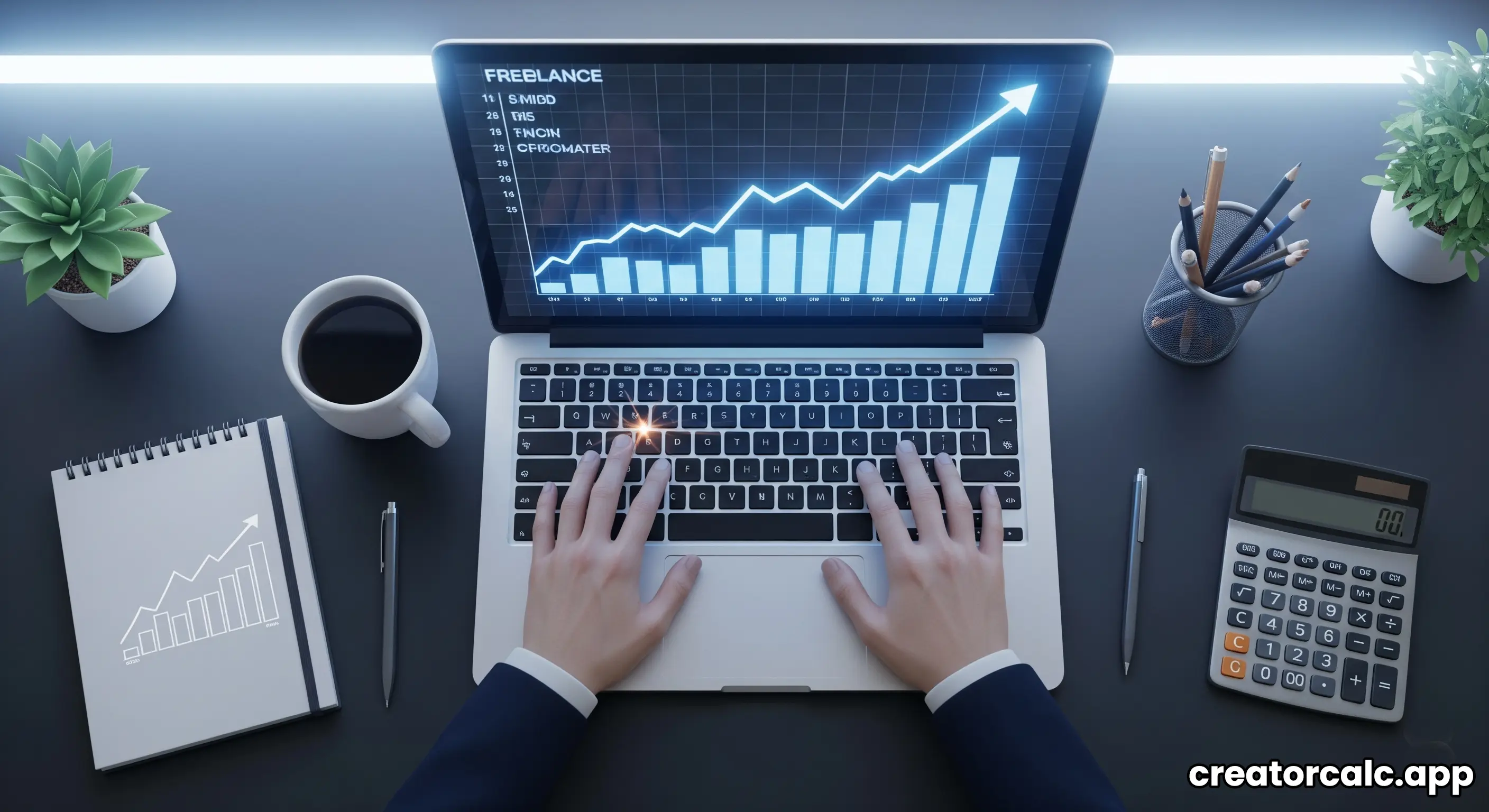 A freelancer at a desk with a calculator and a chart showing income growth.