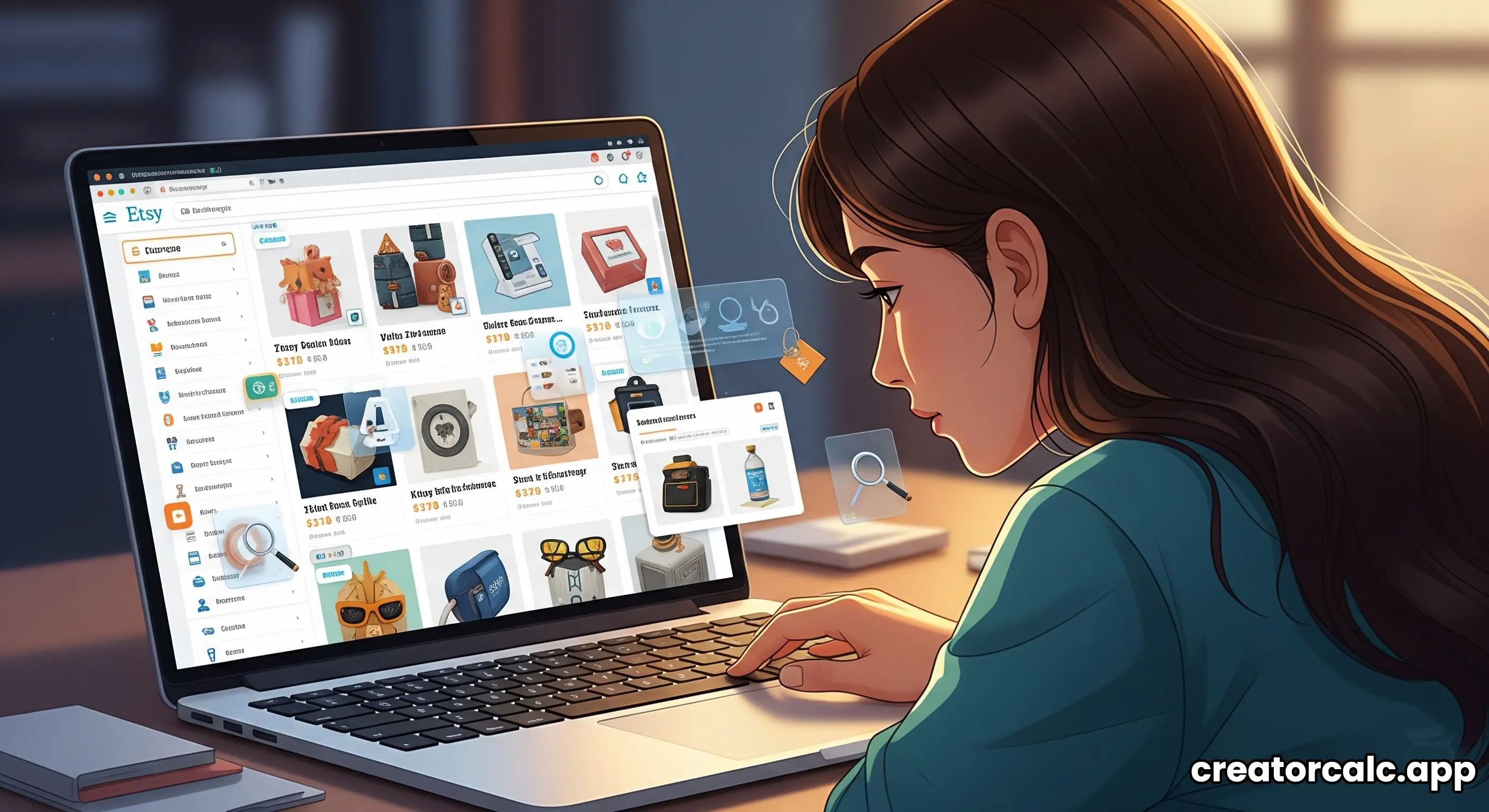 A creator researching market prices for their products online.