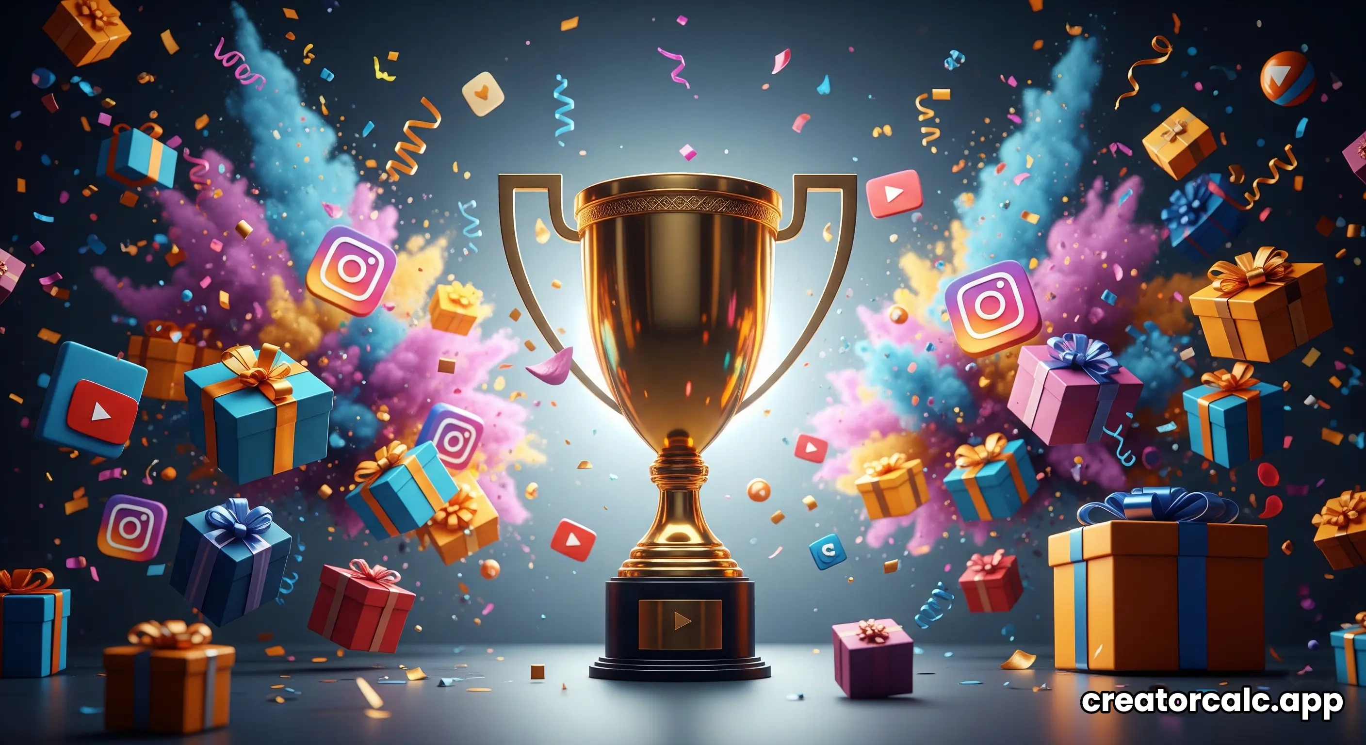 A graphic showing a trophy and gift boxes with social media icons floating around.