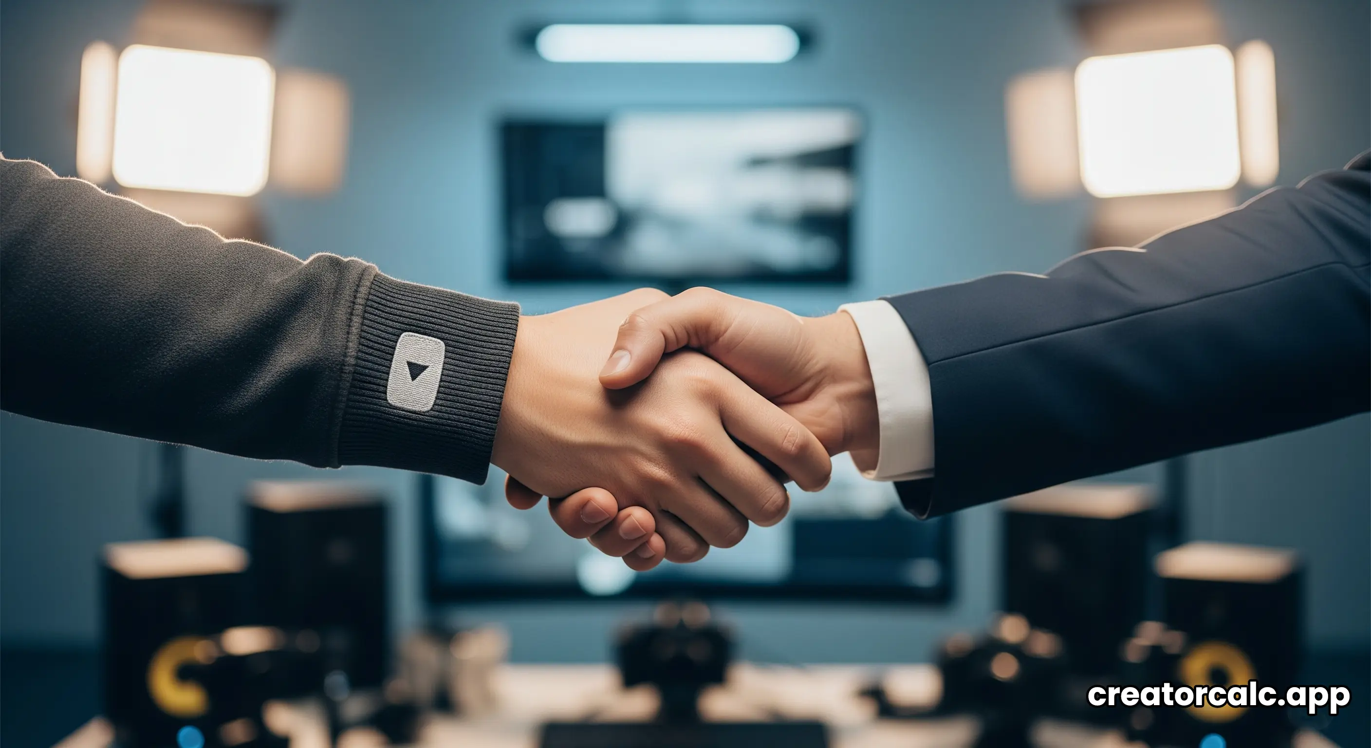 A person shaking hands with a brand representative in front of a YouTube logo.